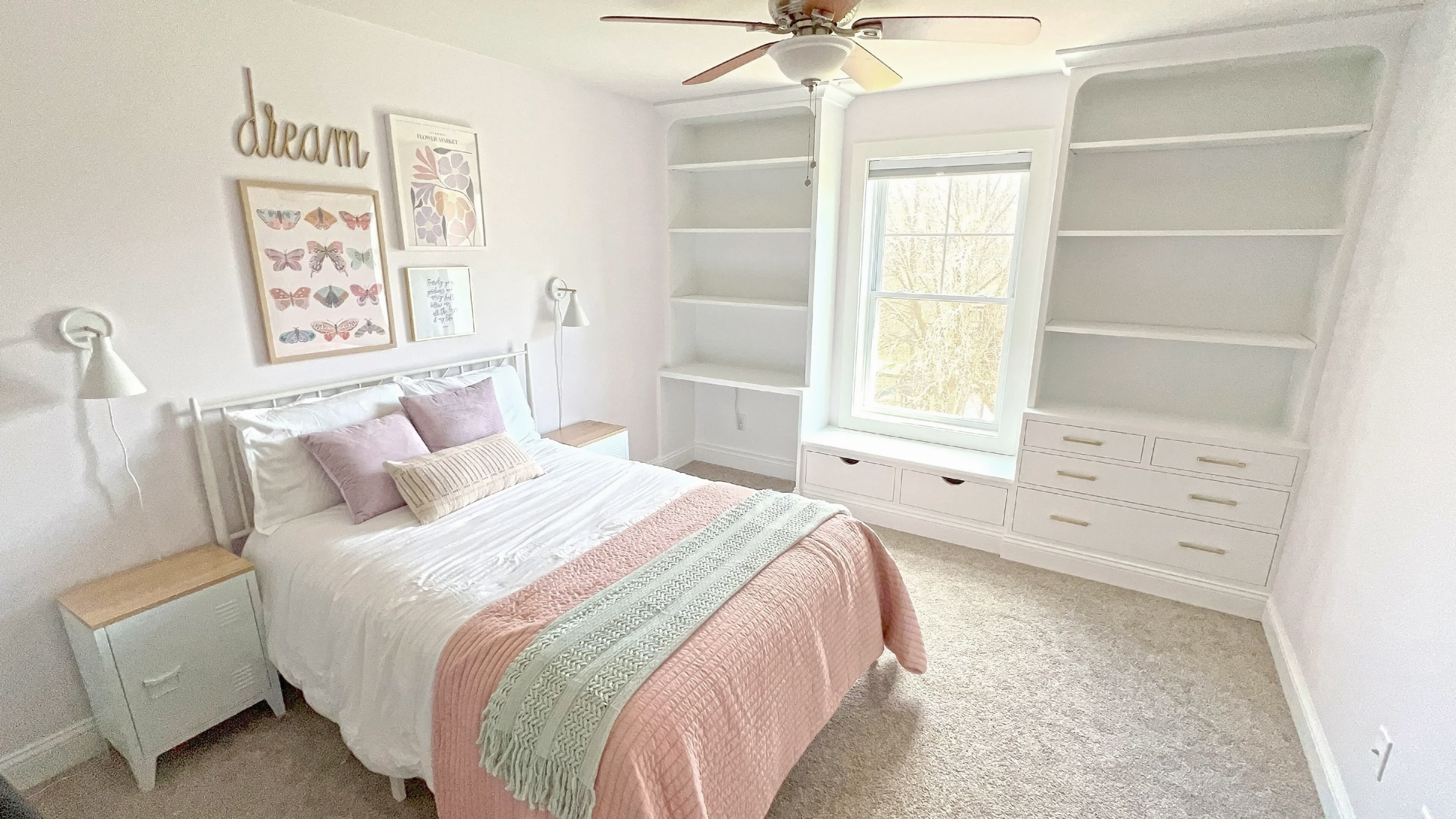 Custom Bedroom Built-In with a Desk, Window Seat, Dresser & Shelves 1